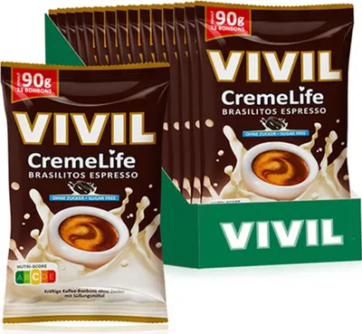 A display of VIVIL CremeLife Brasilitos Espresso sugar-free candies in their packaging.