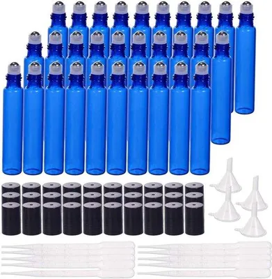 Produktbild von Set von 30 kobaltblaue Glasflaschen 10 ml mit Rollbällen, ätherische Öle, Pipetten und Trichtern