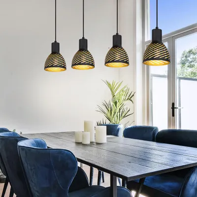 Produktbild von Hängelampe, Metall schwarz gold, Holzoptik, H 120 cm