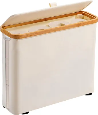 A cream-colored storage bin with a bamboo rim and lid, designed to hold toilet paper rolls.