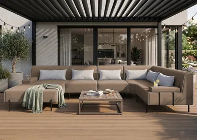 Produktbild von Garten-Ecksofa Borneo XL Dunkel Beige Rechts – Wetterfestes Outdoor Loungesofa – 377 x 222 cm – Wasserabweisender Sunset-Stoff – Modernes Design