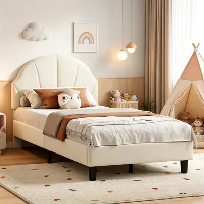 Produktbild von INONEFT Kinderbett 90x190, Polsterbetten mit lattenrost für Mädchen, Einzelbett Jugendbett mit verstellbarem Kopfteil für Kinderzimmer,Samt , Beige.
