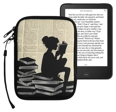 Produktbild von kwmobile Tasche für eReader - Neopren Hülle Schutzhülle Lesende Frau Schwarz Beige - 17 x 12 x 2 cm Innenmaße