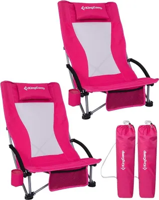 Immagine prodotto di Set di 2 sedie pieghevoli per la spiaggia, particolarmente stabili, con portata fino a 180 kg, colore rosa. Sedie da campeggio con poggiatesta, borsa per il trasporto, portabicchieri e schienale a rete, ideali per la spiaggia, il campeggio, i festival e attività all'aperto