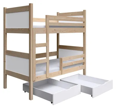 Produktbild von Masseno Etagenbett MIA 80x160 cm mit Schublade, Rausfallschutz, Kinderbett mit Leiter für Mädchen und Jungs, Stockbett, Kieferfarben