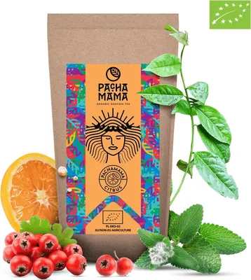 Obrázek produktu pro Pachamama – Čaj Guayusa Bio Citrus 100 g – 3 % přírodního kofeinu, máta, ibišek, pomerančový olej – harmonicky povzbuzující, soustředění, vitalita – z Ekvádoru