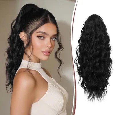 Immagine prodotto di Caschetto per capelli a forma di coda di cavallo, con clip, 40 cm, riccio, ondulato, in fibra sintetica, colore nero