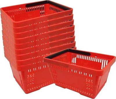 Productafbeelding van Kunststof winkelmandjes met handvatten - 10 stuks, 20 liter, 40 cm, stapelbaar, rood
