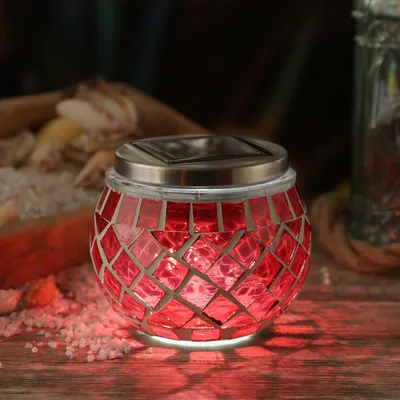 LED Solar Windlicht - Mosaik Solarglas - kaltweiße LED - Lichtsensor - H: 9cm - für Außen - rot