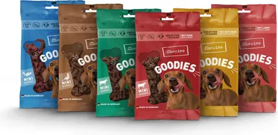A collection of dog treat bags arranged in a row.