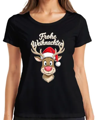 Produktbild von Frohe Weihnachten Rentier Niedlich Cartoon Weihnachtsmütze Lustig Damen T-Shirt, Schwarz, S