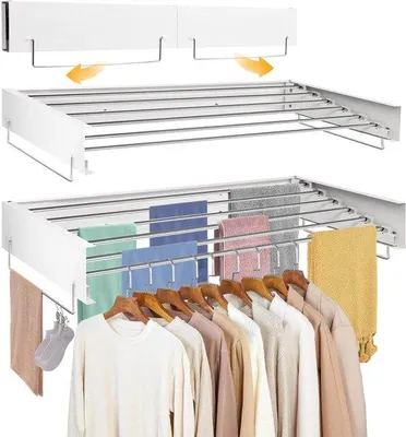 Produktbild von Wandtrockenständer, 100 cm ausziehbar, 6 Edelstahlstangen, weiß, für Innen- und Außenbereich