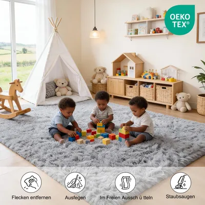 Imagen del producto de Alfombra de pelo alto, suave, de 200x300 cm, color gris, ideal para salones y dormitorios