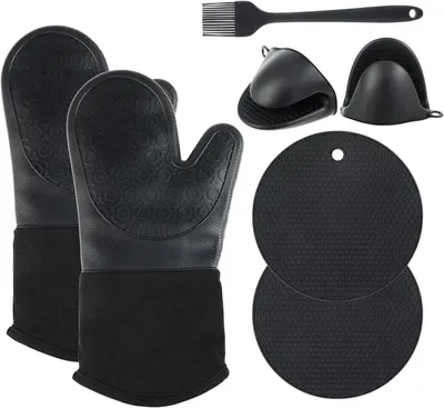 Produktbild von 6er-Set Silikon-Ofenhandschuhe, hitzebeständig bis 230 °C, ideal zum Grillen, Backen und für den Backofen, schwarz