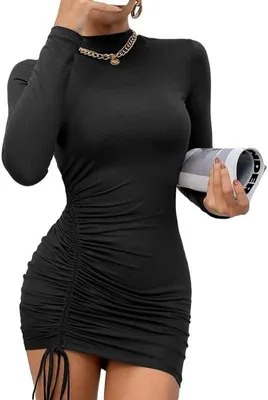 Produktbild von Enganliegendes Damenkleid mit Stehkragen, langen Ärmeln und seitlichem Kordelzug, schwarz