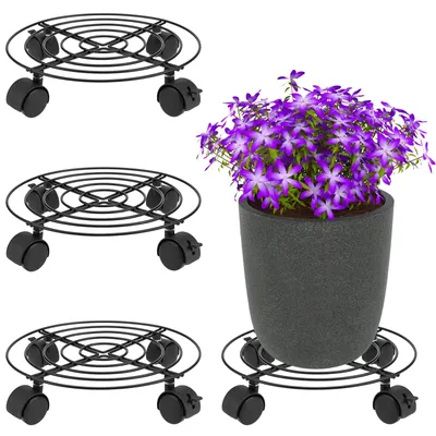 Produktbild von 4 Stück schwarze Metall Pflanzenroller mit Rädern - 27 cm Durchmesser