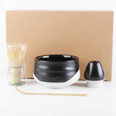 Produktbild von Matcha Set 4-teilig Schwarz/Weiß Bambus Keramik für Teezeremonie