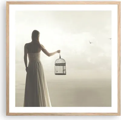 Produktbild von Gerahmtes Poster - Rahmen in heller Eiche - Frau Käfig Vogel - 60x60 cm - Wand Bild - Wanddeko - Wandbilder - Kunstposter - Wandposter - Bilderrahmen - Bilder - Kunstdruck - P2NAC60x60-4787