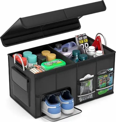 Immagine prodotto di Organizer per il bagagliaio dell'auto con coperchio ribaltabile - Inseribile, ampio scomparto e 4 tasche, maniglie - Organizer per golf e spesa per SUV, Jeep, berline e furgoni