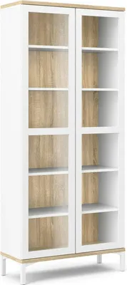 Produktbild von Vitrine Lisanne, Glas-Sideboard, Mehrzweckvitrine, Hängendes Bücherregal mit Glastüren, 89x36 h203 cm, Weiß und Eiche