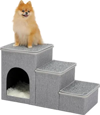Produktbild von Zusammenklappbare Hundetreppe mit 3 Stufen, Haustiertreppe für kleine Hunde, mit Stauraum, 3 Stufen zur Couch