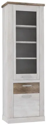 Vitrine DURO 2 Türen 1 Schublade Schrank mit Glastür Pinie weiß antik