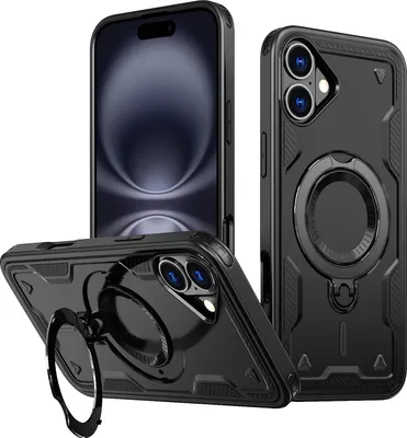 Produktbild von Dual Layer Hülle für iPhone 16 Plus Metall Ring Ständer Magnetisch Stoßfest Militär Handyhülle Schwarz
