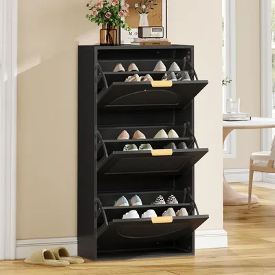 Produktbild von MODFU  Schuhschrank  mit 3  Klappenfächern,Schuhkommode mit Goldgriffe,Schuhkipper  für Flur& Wohnzimmer ,Schwarz