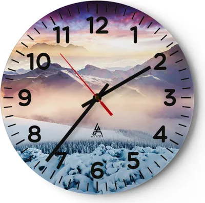 Produktbild von Wanduhr - Rund - Glasuhr - Berge Schnee Winter - 30x30cm - Schleichendes Uhrwerk - Lautlos - zum Aufhängen bereit - Dekoration Modern - Wanddekoration aus Glas - C4AR30x30-3596