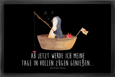 Produktbild von Mr. & Mrs. Panda Fußabtreter Pinguin Angelboot 60 x 90 cm - Schwarz - Geschenk, Angeln, fußmatte, Boot, Schmutzmatte, Optimistisch, Schmutzfangmatte, Fussmatte, Leben