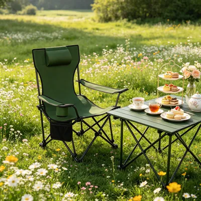 Produktbild von Ergonomischer Klappstuhl mit ausziehbarer Fußlehne, Camping & Wanderstuhl, Grün
