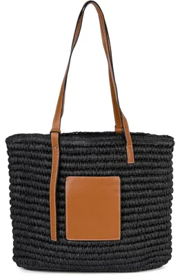 Produktbild von styleBREAKER Korbflecht Schultertasche aus Papierstroh mit Kunstleder Details | Damen Shopper Basttasche geflochten mit Reißverschluss | Strandtasche 43 x 34 x 4 cm