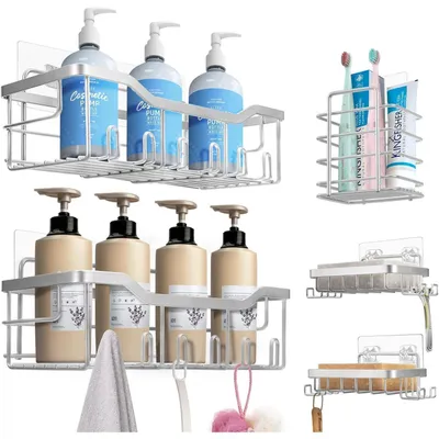 Image de Étagère de douche sans perçage, lot de 5, organisateur de salle de bain, argenté, acier inoxydable SUS304