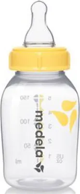 A clear, professional studio shot of a Medela baby bottle.
