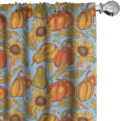 Obrázok produktu pre ABAKUHAUS Záclony, závesy, motív poľnohospodárstva, zelenina, obilie, tekvice a slnečnice, 2 kusy, 75 x 175 cm, oranžová, žltá, svetlo modrá