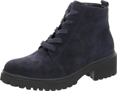 A single dark blue suede boot with laces and a thick sole is shown against a white background.