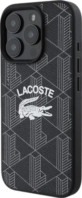 A black iPhone case with a geometric pattern and the Lacoste logo.