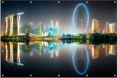 Produktbild von Wallario Outdoor-Poster für Garten oder Balkon, Motiv Singapur bei Nacht, in ca. 120 x 180 cm