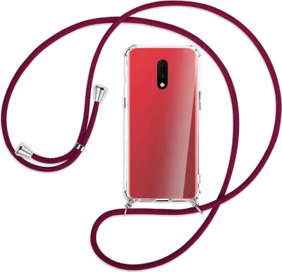 Produktbild von Handykette Backcover-Schutzhülle mit Band (Metall silberfarben) für OnePlus 7 - dunkelrot