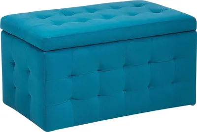 A tufted ottoman with storage in a marine blue velvet fabric, shown from a three-quarter angle against a white background.