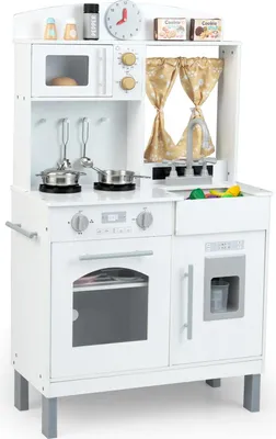 Image de Cuisine pour enfants avec accessoires - Cuisine jouet en bois - Réglable en hauteur - Avec micro-ondes, cuisinière, évier, four, distributeur de glaçons - Âge : 3 à 6 ans - Blanc