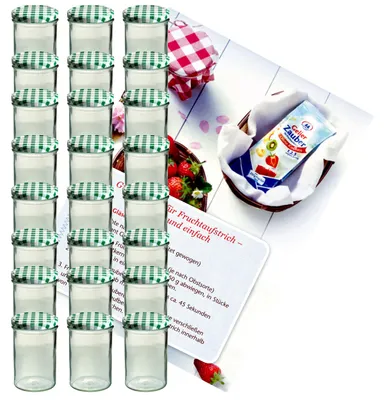 Produktbild von 24er Set Sturzglas 435 ml Marmeladenglas Einmachglas To 82 grün karierter Deckel incl. Rezeptheft
