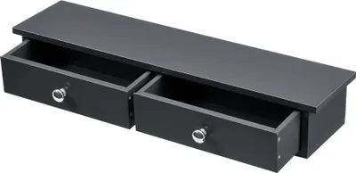 A dark gray floating shelf with two open drawers, each with a silver knob.