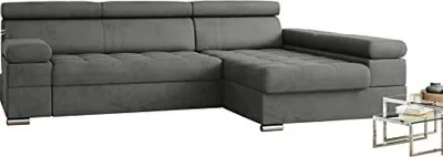 A gray sectional sofa with a chaise lounge is shown against a white background.