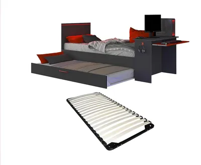 Zdjęcie produktu dla Łóżko rozkładane Gamer z biurkiem i diodami LED + stelaż listwowy - 2 x 90 x 200 cm - antracyt & czerwony - VOUANI