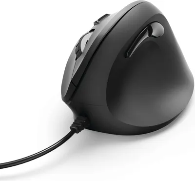 A black wired vertical mouse is shown on a white background, viewed from a side angle.