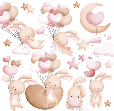 Immagine prodotto di Set di adesivi murali Muralo per camerette bambini CONIGLIETTI Nuvole Stelle Palloncini Cuori 60x30 cm