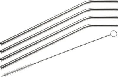 Image de Fackelmann Pailles en acier inoxydable courbées Ø 6 mm avec brosse de nettoyage Rio Party, pailles réutilisables pour toutes les occasions, tubes à boire écologiques (couleur : argent), quantité 4 pailles + 1 brosse