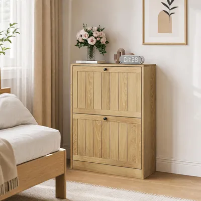 Produktbild von 60 cm Schuhschrank mit 2 Klappfächern – Moderner Kipp-Schuhkipper für Flur & Eingangsbereich, Platzsparendes Design, Eichenfarben