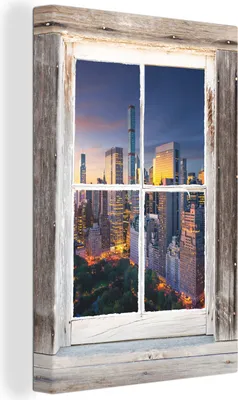 Produktbild von OneMillionCanvasses® - Leinwandbilder - 90x140 cm, Durchsichtig - New York - Holz, - Geöffnetes Fenster - Fensterblick Schlafzimmer Kunstdruck Wanddekoration - Foto auf Leinwand - Gemälde auf Holzrahmen  - Wandschmucke - Schlafzimmer